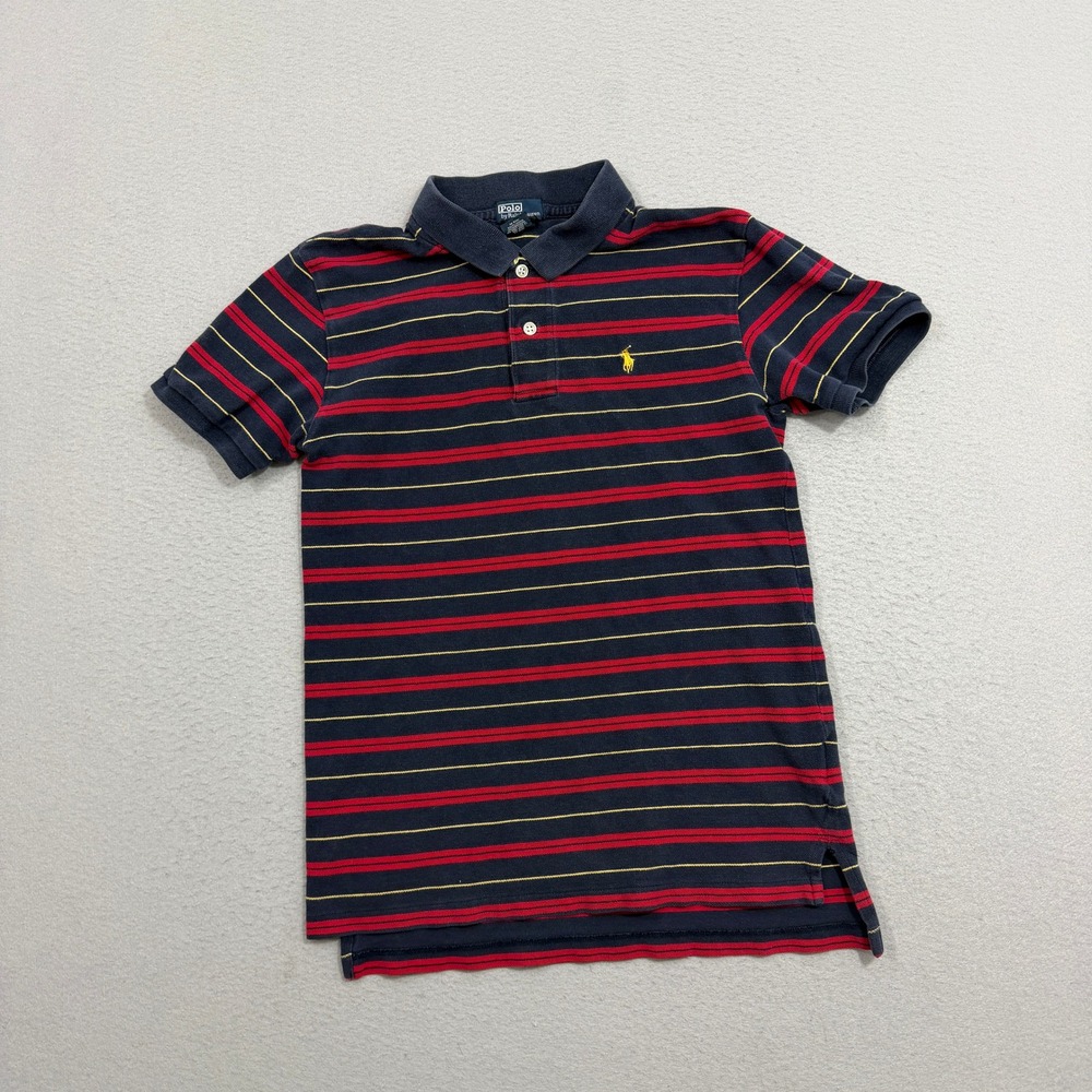 Polo Ralph Lauren Polo Boys L (16/18) Navy Blue Red Yellow Striped Short Sleeve